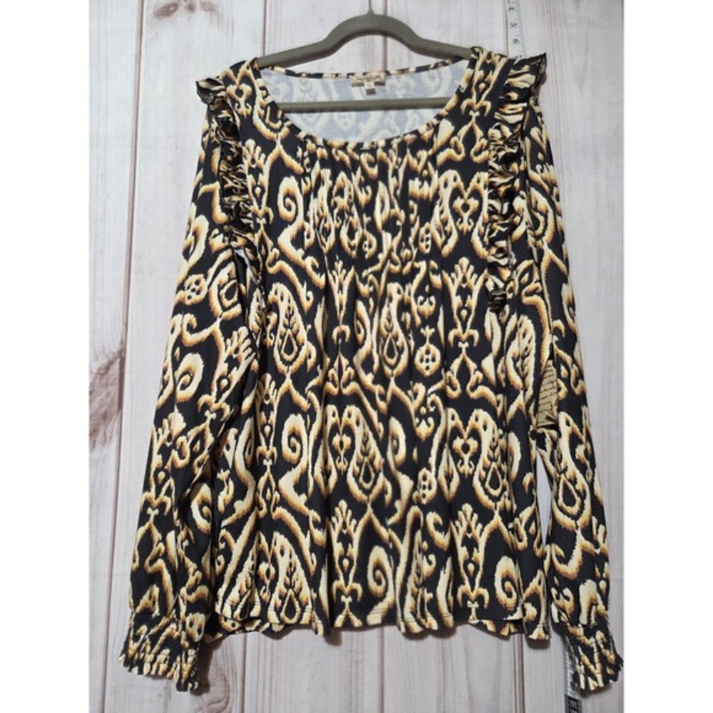 One World Shirt Womens 2X Black Gold Ikat Print Ruffle Sleeve Blouse Boho